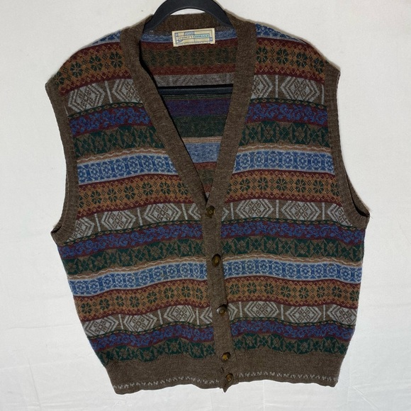 Vintage Functionals Brown Blue Wool Blent Multi Print Striped Sweater Vest L - Picture 12 of 12